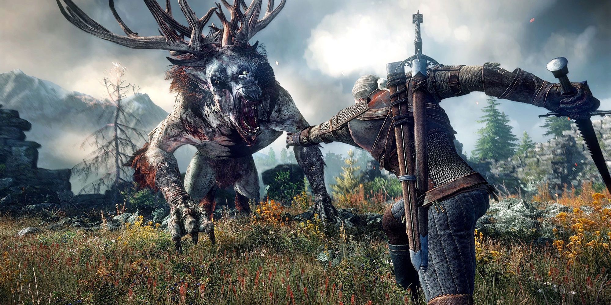 Geralt fighting a fiend monster with a sword in The Witcher 3: Wild Hunt.