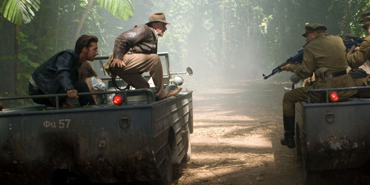 Mutt Williams (Shia Labeouf) and Indiana Jones (Harrison Ford) engaged in a jungle chase in Indiana Jones and the Kingdom of the Crystal Skull