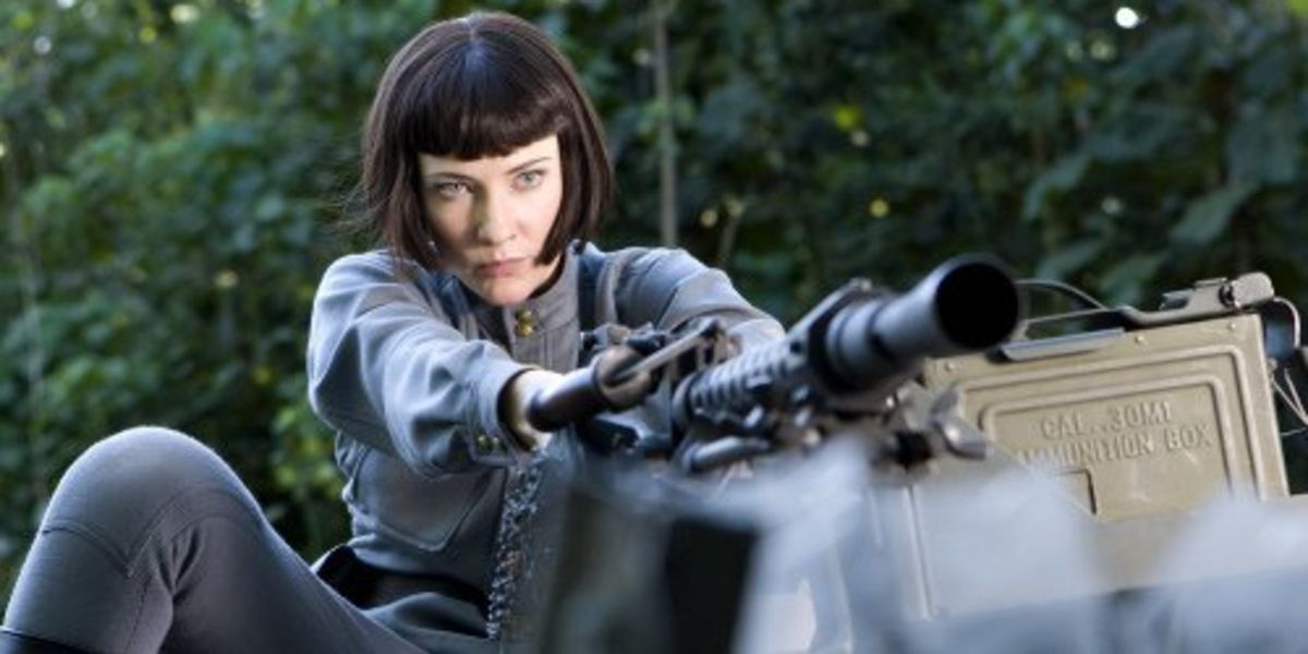 Irina Spalko (Cate Blanchett) about to fire on Indy and Mutt in Indiana Jone and the Kingdom of the Crystal Skull