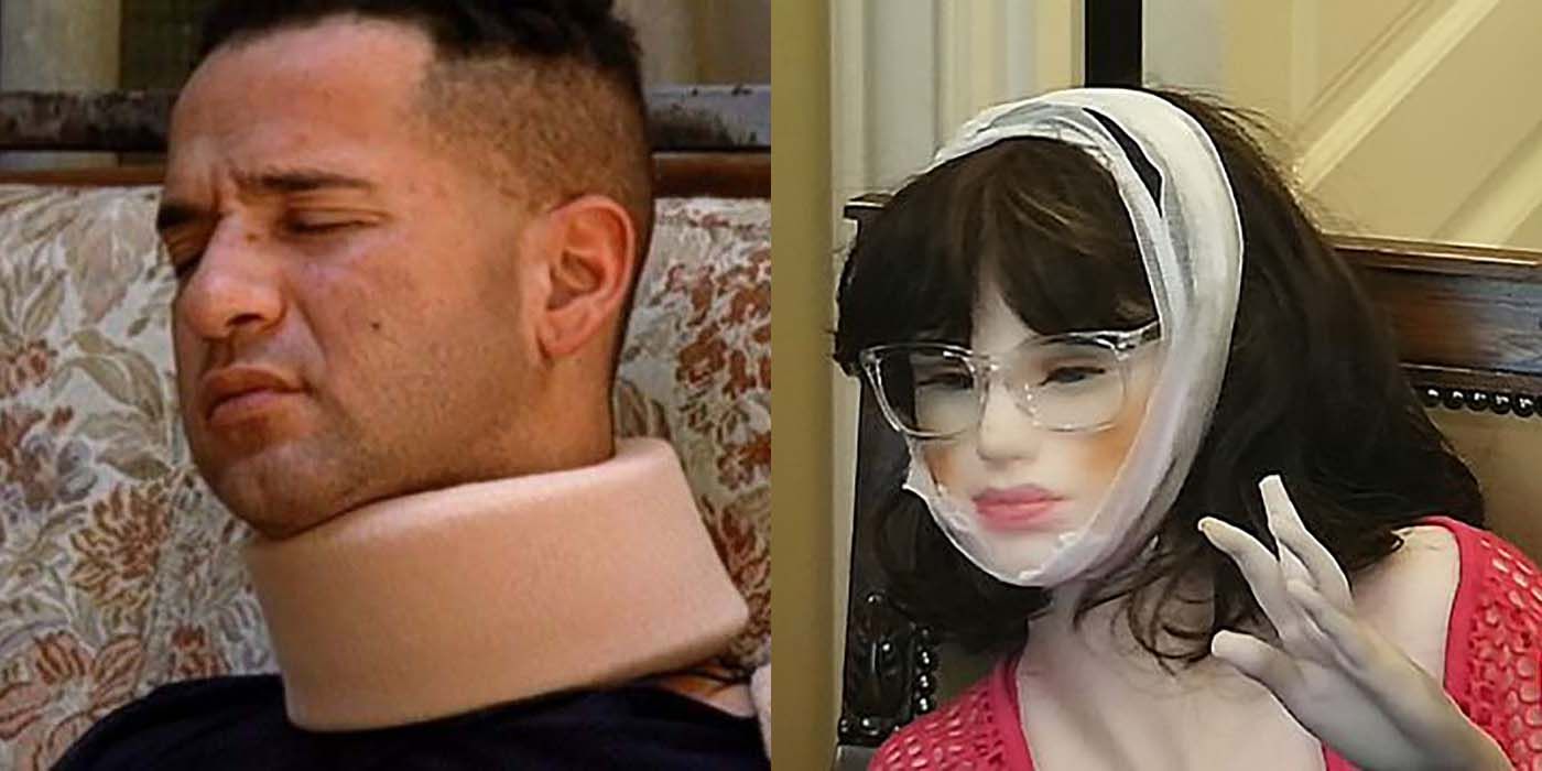 Split image of Mike in a neck brace and the blow-up Jenni doll on Jersey Shore.