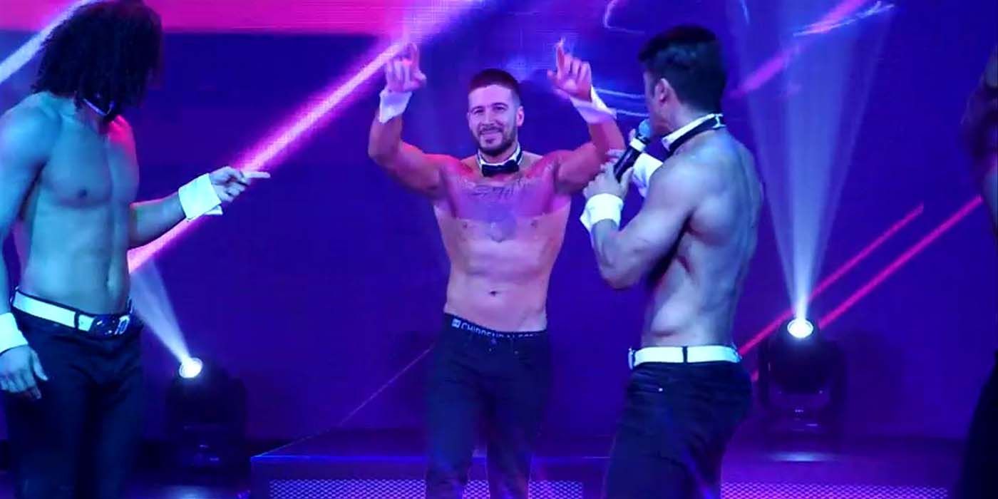 Vinny wearing a Chippendales outfit on stage in Vegas in a scene from Jersey Shore.