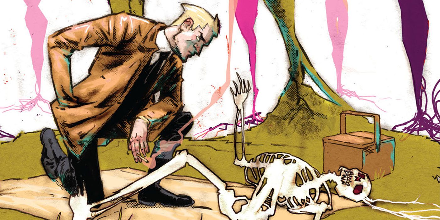 Constantine inspects a skeleton from Hellblazer