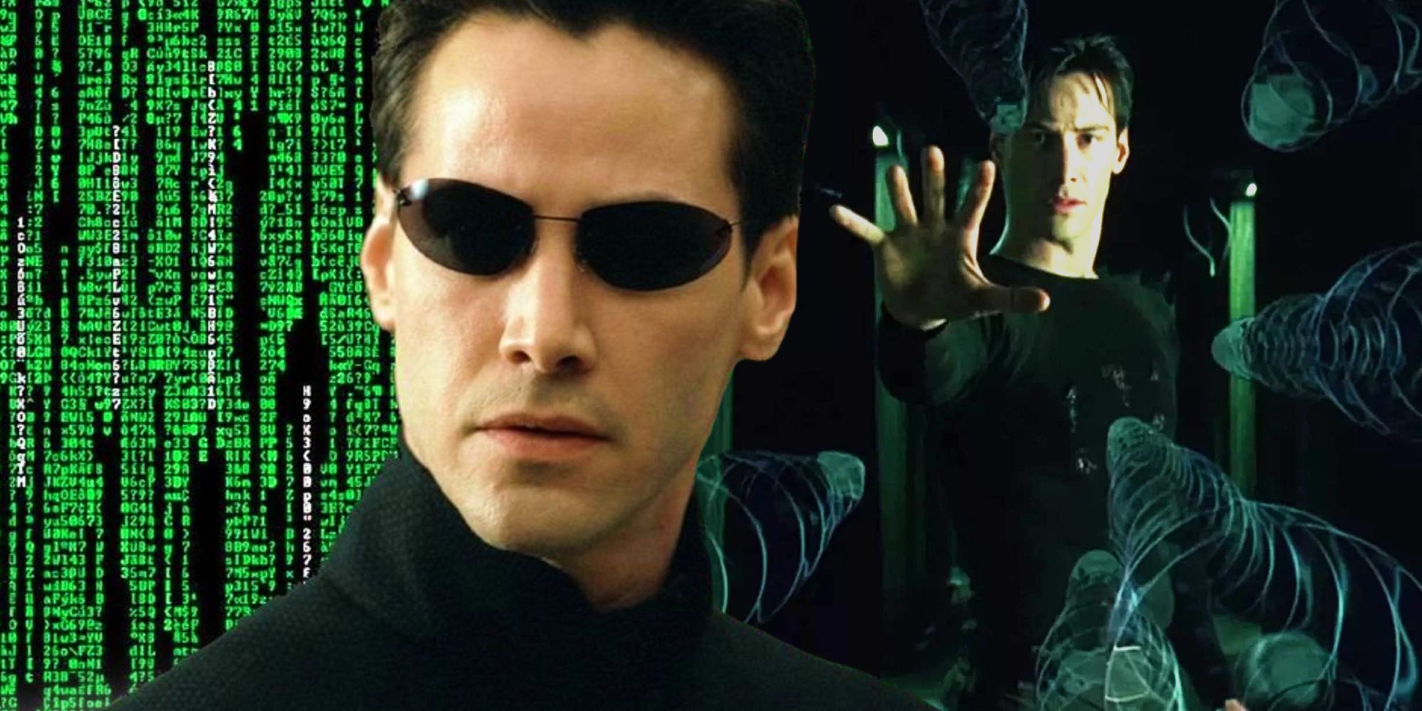 Side by side stills of Keanu Keeves in The Matrix, a simulated reality sci-fi movie