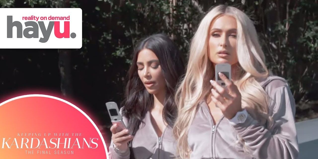 Kim Kardashian and Paris Hilton staring at their flip phones in Keeping Up With The Kardashians