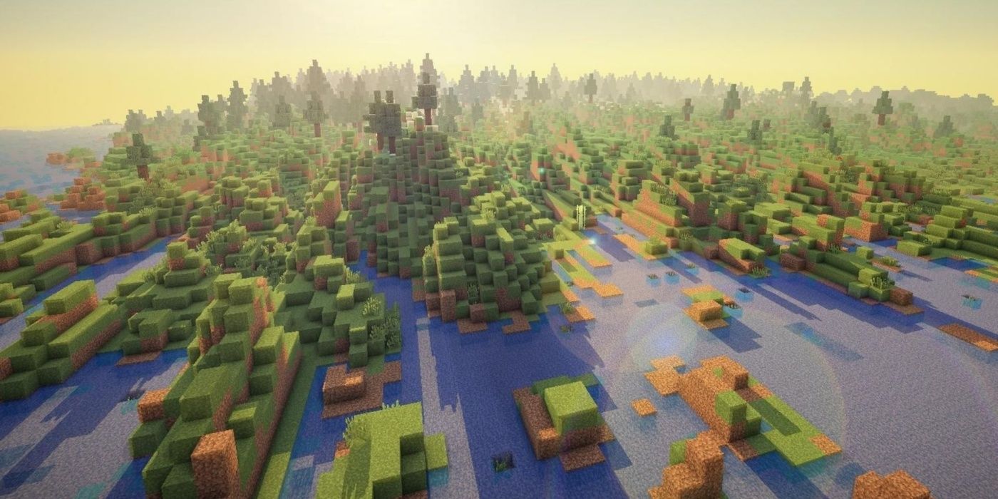 A Minecraft grassland biome with a river and a forest at the back.