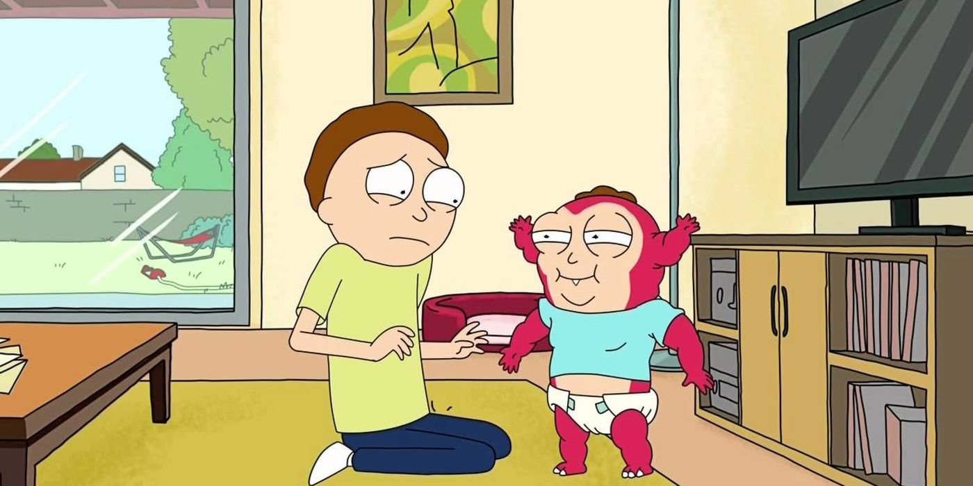 Morty kneeling before Morty Jr. in Rick and Morty