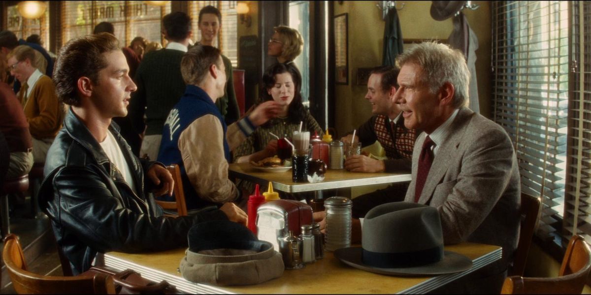 Mutt Williams (Shia Labeouf) chatting with Indiana Jones (Harrison Ford) at a diner in Indiana Jones and the Kingdom of the Crystal Skull