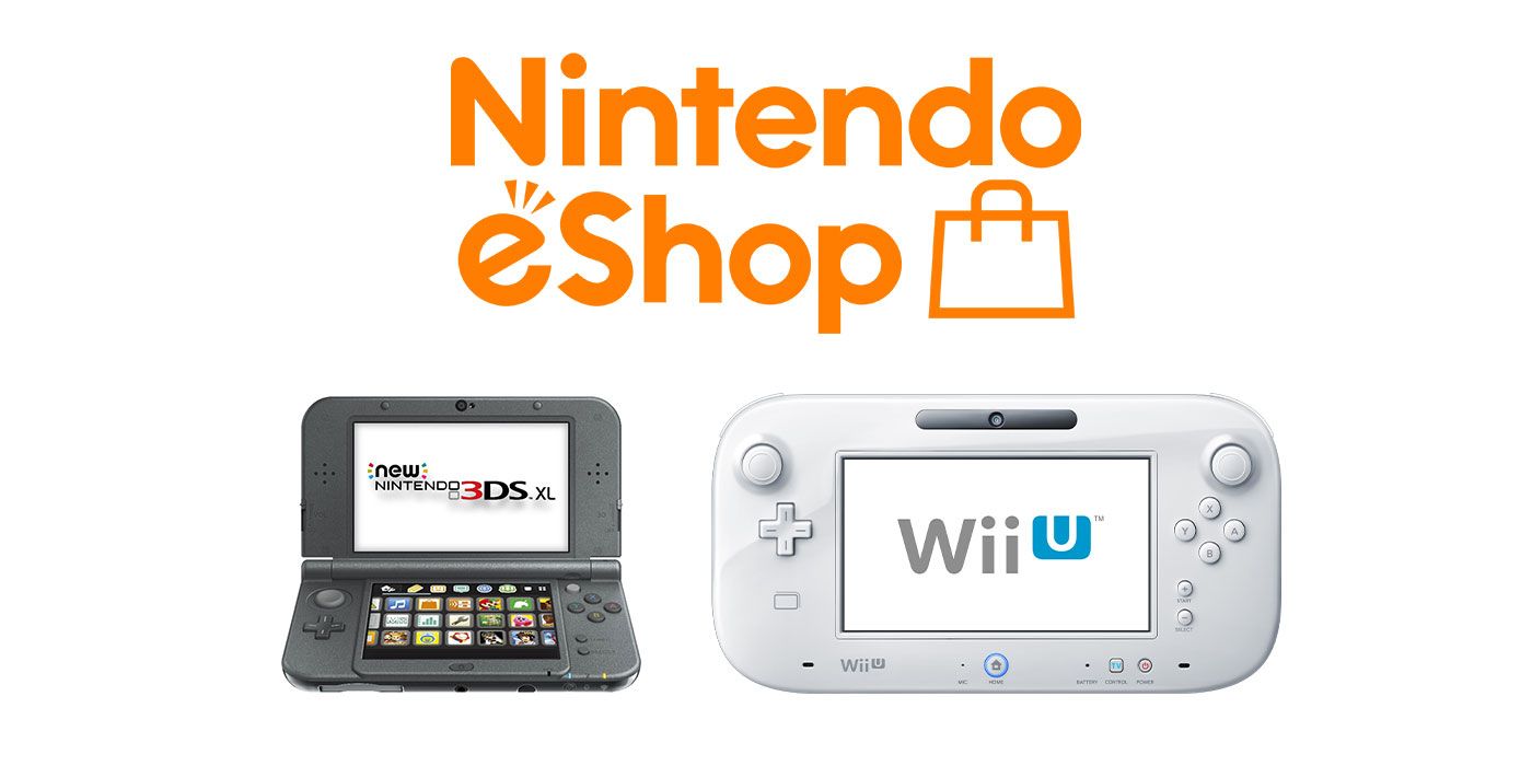 A New Nintendo 3DS XL and a Wii U gamepad underneath the Nintendo eShop logo on a white background.