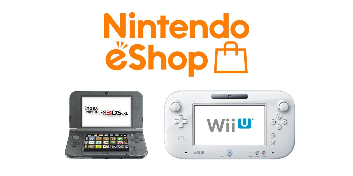 Nintendo 3DS XL Baru dan gamepad Wii U di bawah logo Nintendo eShop dengan latar belakang putih.