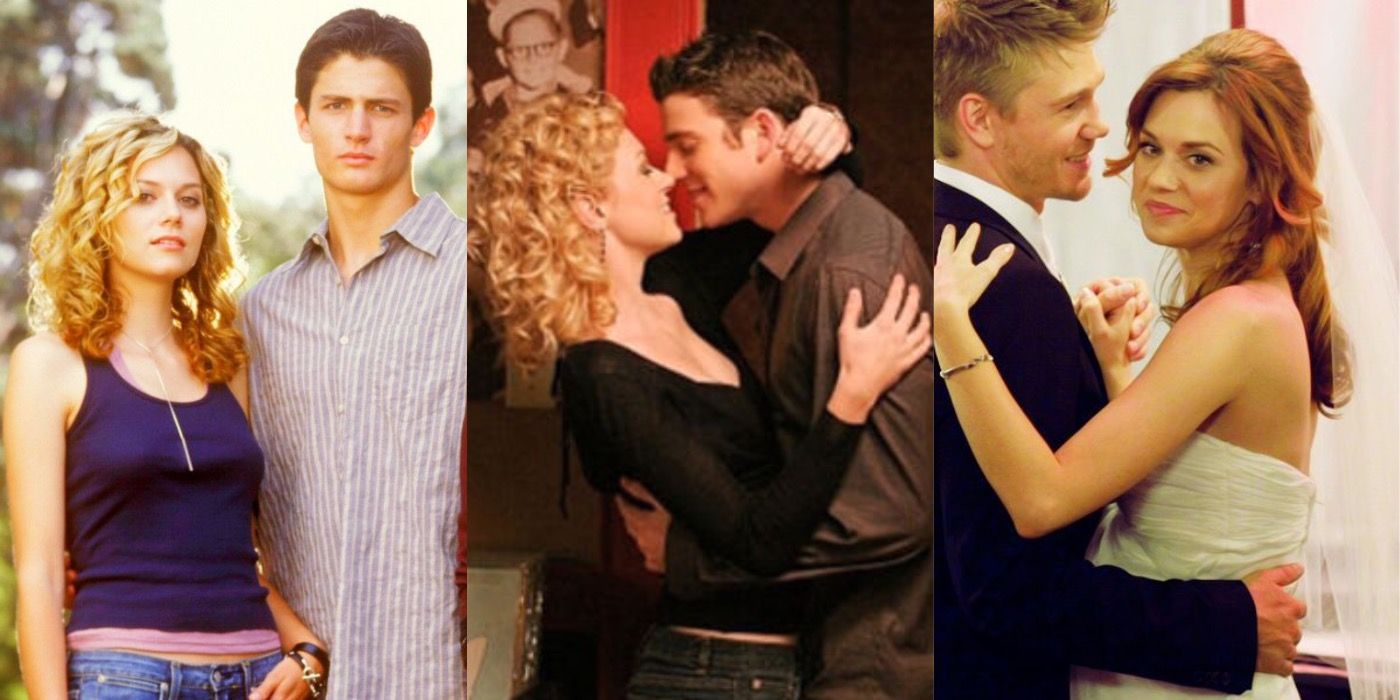 Peyton Sawyer and her love interests, Nathan, Jake, and Lucas, on One Tree Hill