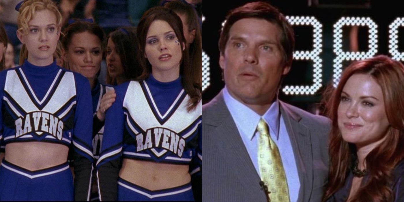 A split image of Peyton and Brooke in their cheerleading outfits and Dan and Rachel on their talk show in One Tree Hill