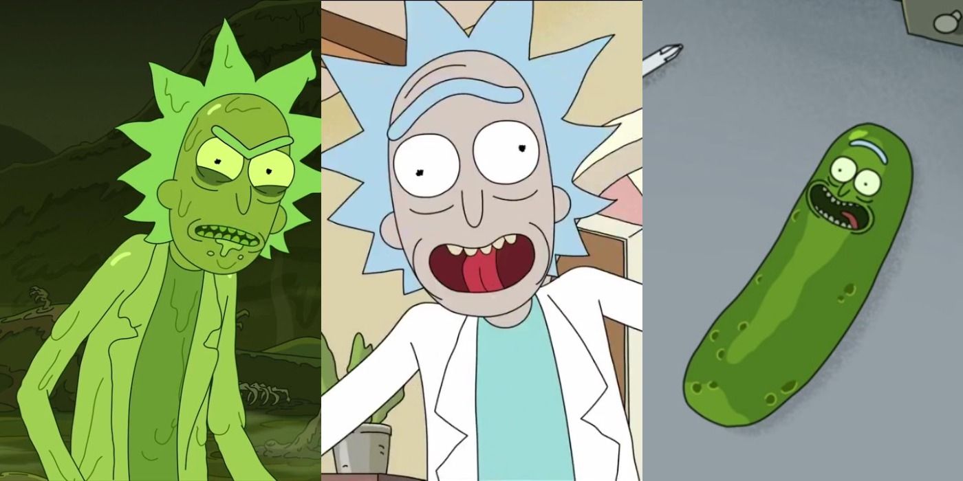 Split image of Rick Sanchez, Toxic Rick, and Pickle Rick from Rick and Morty.