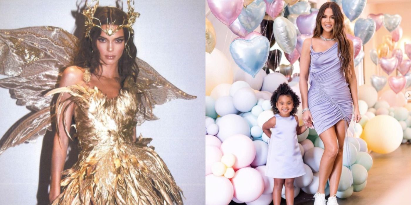 Split image depicting kendall Jenner wearing a golden fairy costume, posing against a wall; Klhoe and True wearing pastel dresses against a background of balloons