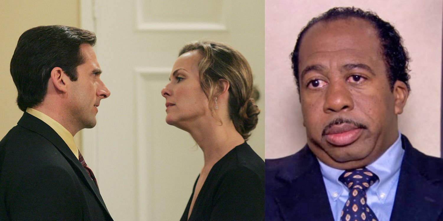 Split image of Michael and Jan fighting with Stanley looking fed up in The Office