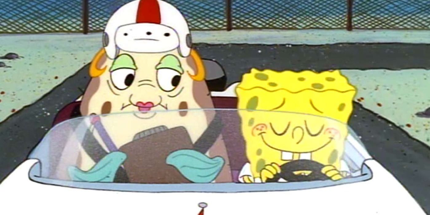 SpongeBob and Mrs. Puff in a boatmobile in SpongeBob Squarepants.