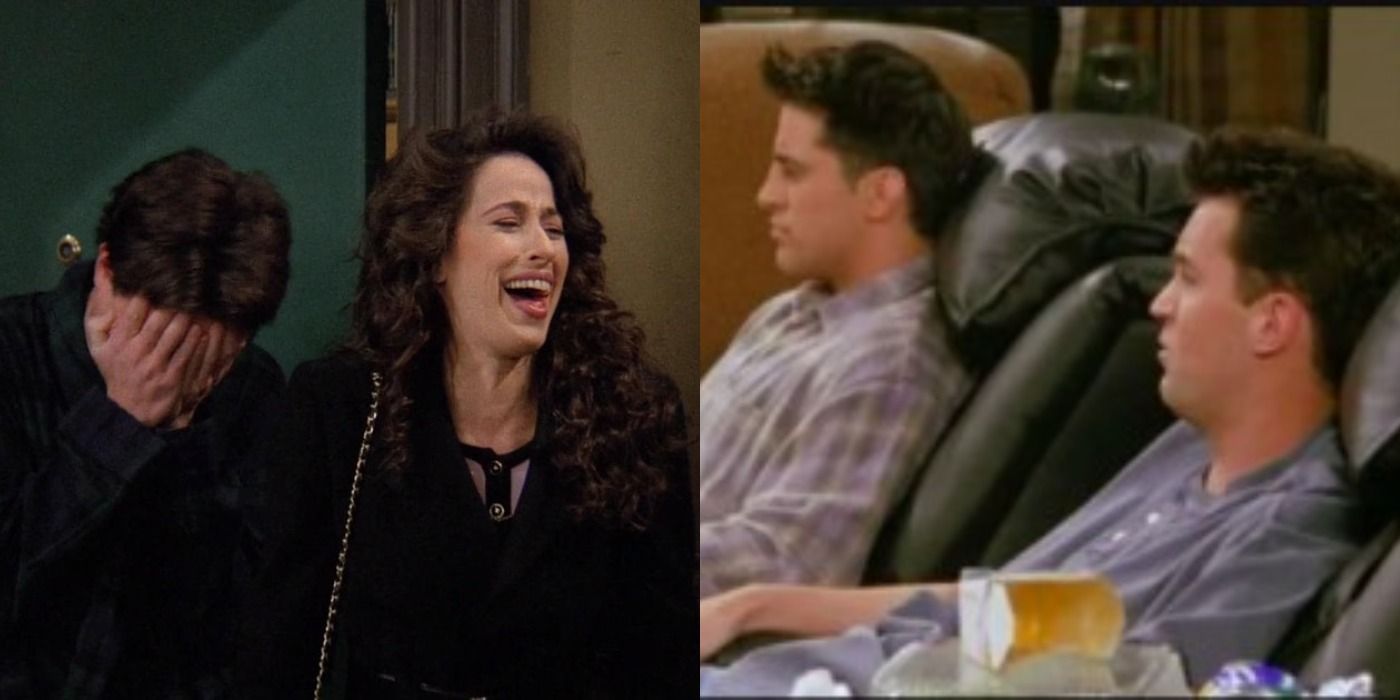 Chandler and Janice on left, Chandler and Joey on right Friends split image