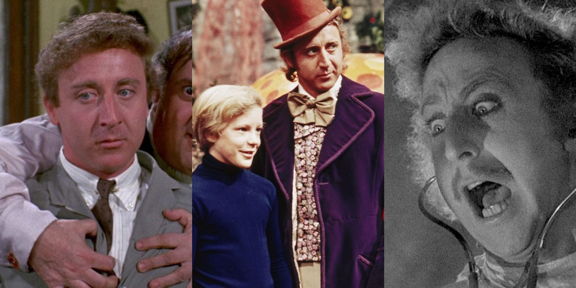 Gene Wilder in a split image of The Producers, Willy Wonka, Young Frankenstein.