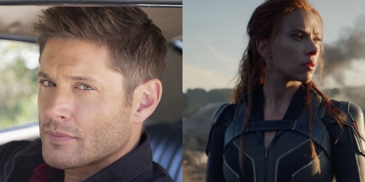 Dean Winchester on left, Black Widow on right, split image