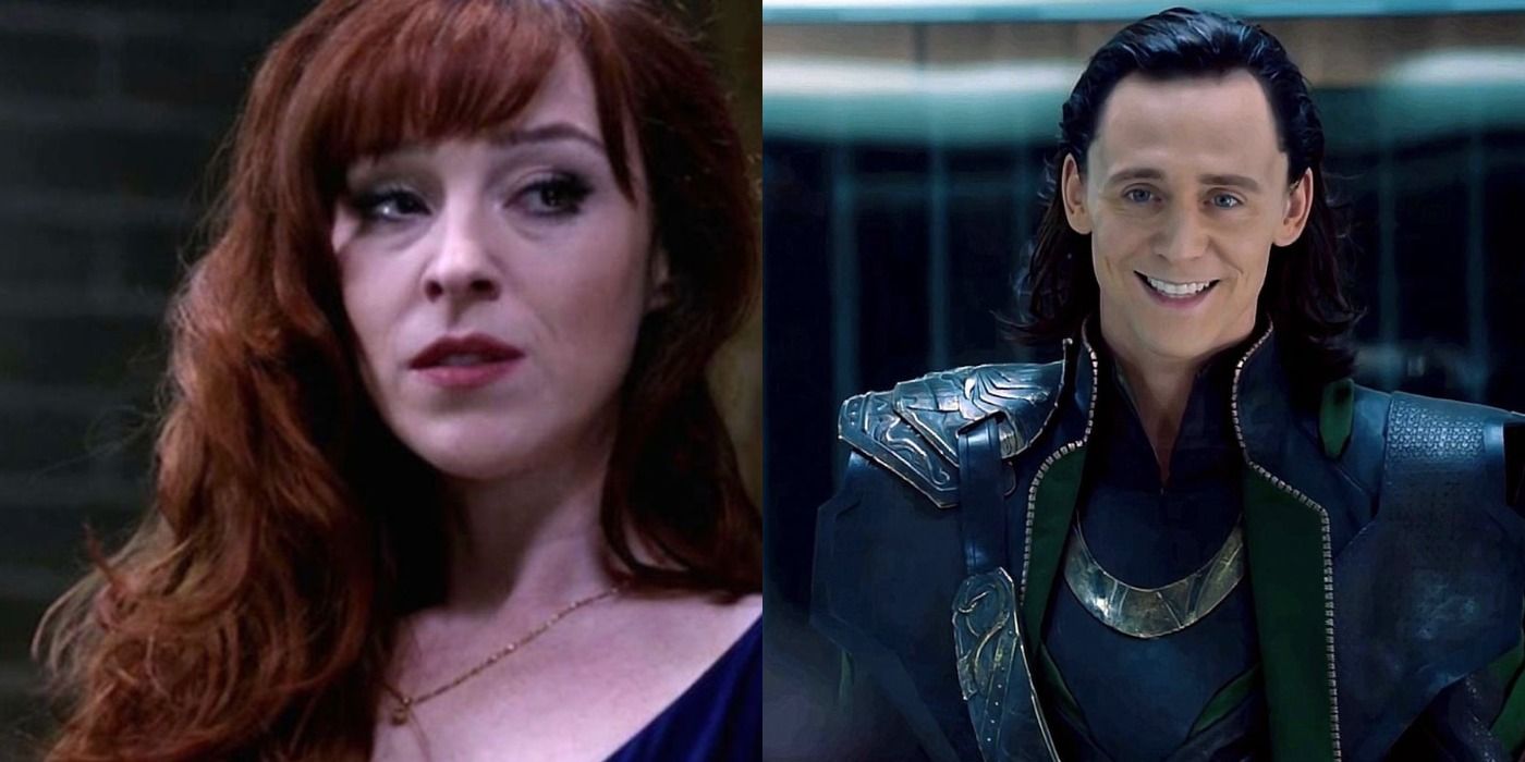 Rowena on left, Loki on right, split image Supernatural and MCU