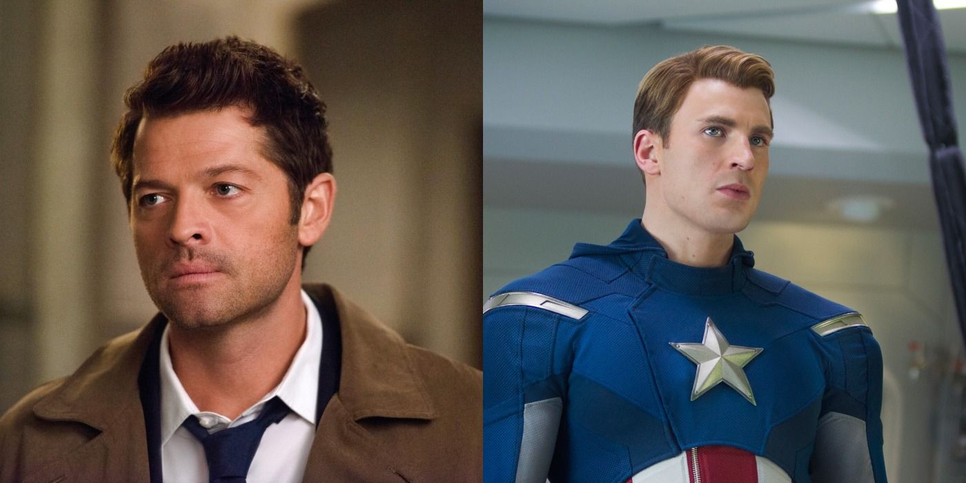 Castiel on left, Captain America on right, Supernatural MCU split image