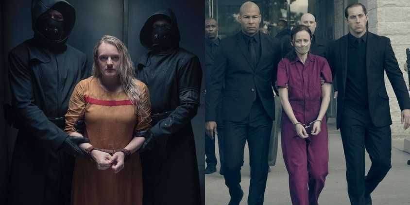 Split image of June and Emily's arrests in Gilead in The Handmaid's Tale