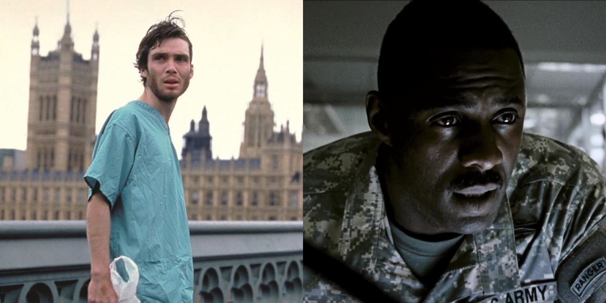 A split image of Cillian Murphy on the streets of London and Idris Elba dressed in uniform in 28 Weeks Later