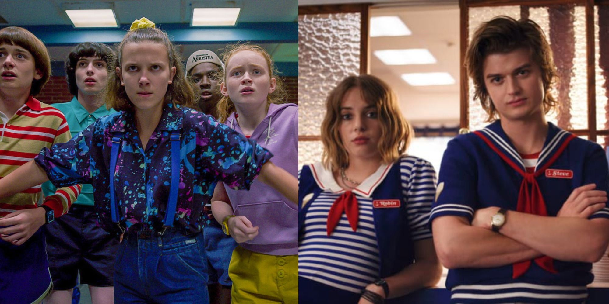 Split image of the Eleven protecting her friends and Steve and Robin in Stranger Things