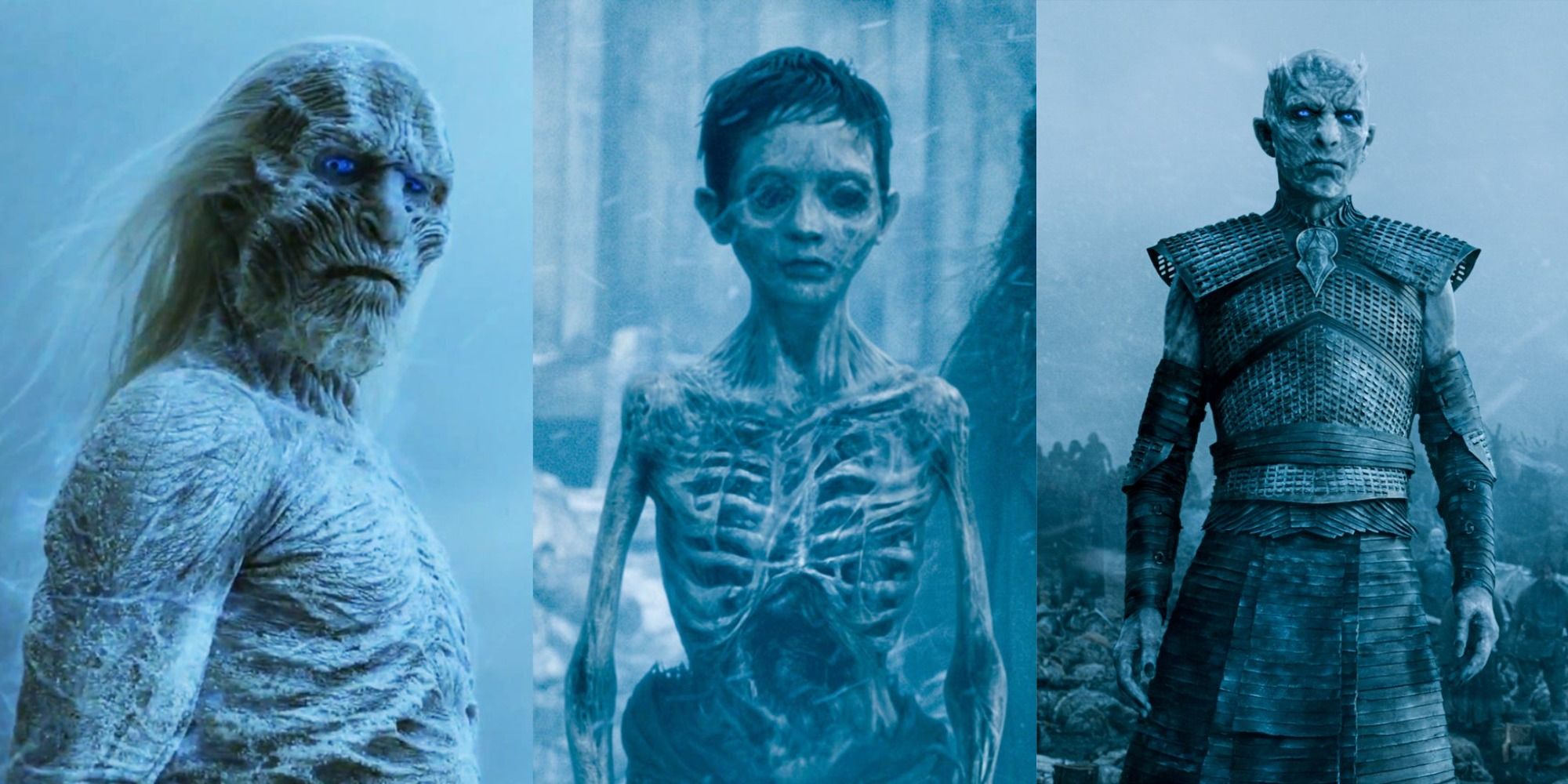 Split image of a white walker, a wight, and the Night King from Game of Thrones