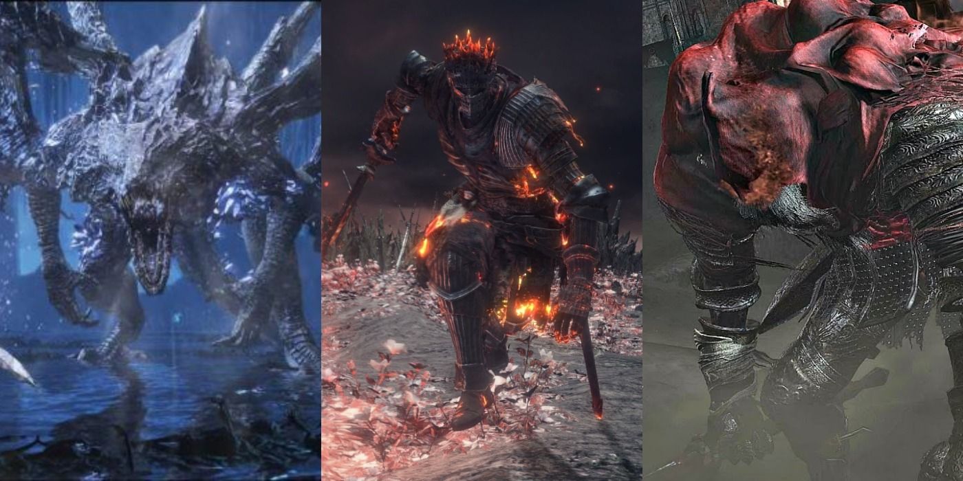 Darkeater Midir, Soul of Cinder, and Slaveknight Gael from Dark Souls 3.