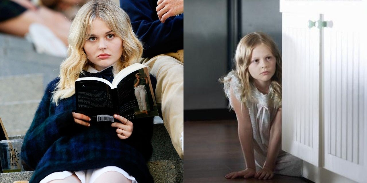 Emily Alyn Lind as Audrey reading a book and looking up on Gossip Girl; on right: Emily in Revenge