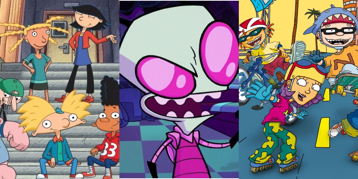 A collage of Nickelodeon shows Hey Arnold, Invader Zim, and Rocket Power.