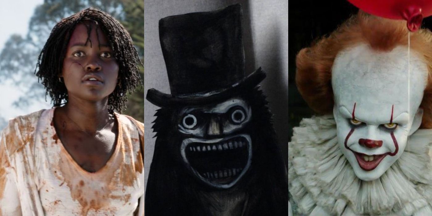 Split image of Adelaide from Us, The Babadook, and Pennywise from IT