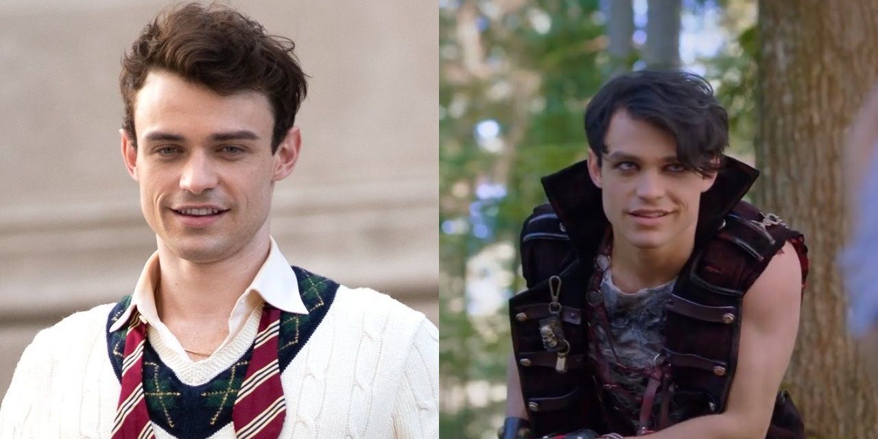 Max Wolfe in a tie and shirt smiling in Gossip Girl; on right Thomas Doherty as Harry Hook in Descendants 2