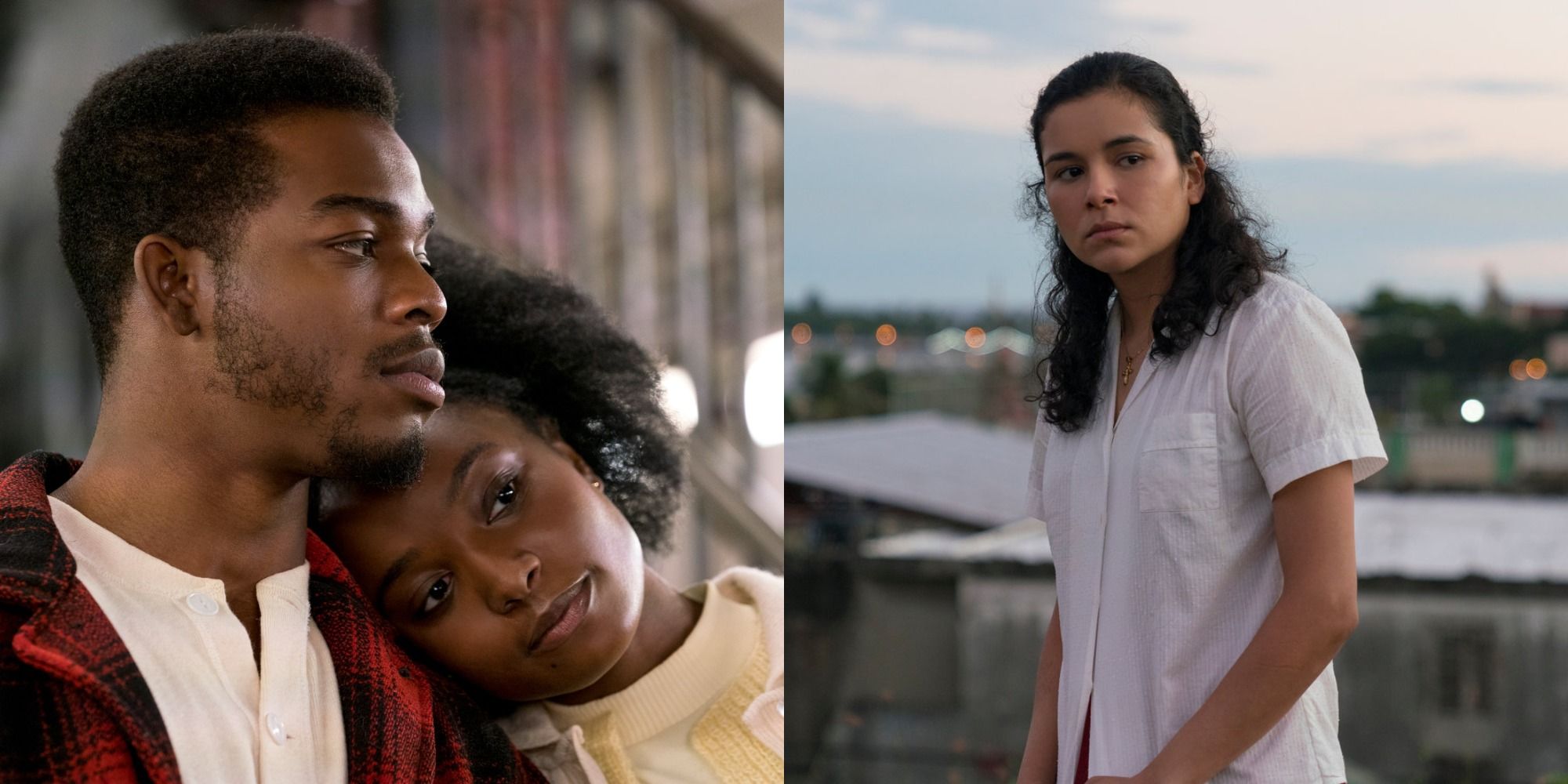 If Beale Street Could Talk: Tish leans her head against Fonny's shoulder / Victoria Rogers on a city rooftop