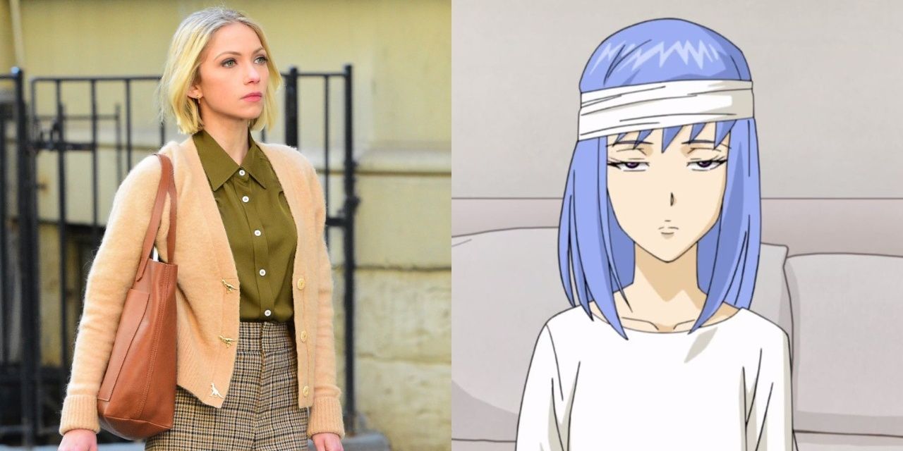 tavi gevinson in a green shirt, beige sweater and printed pants in gossip Girl, and on right Gevinson as Helena in neo yokio