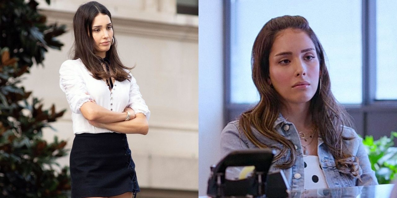 Zion moreno in a black skirt and white shirt in gossip girl and on right zion as isabela in Control z