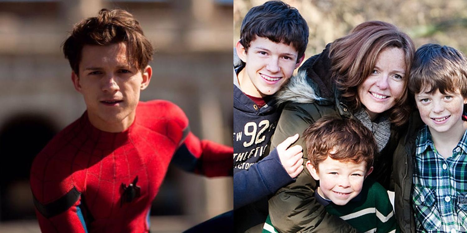 Side by side images of Tom Holland as a child and his family and him as Spider-Man.