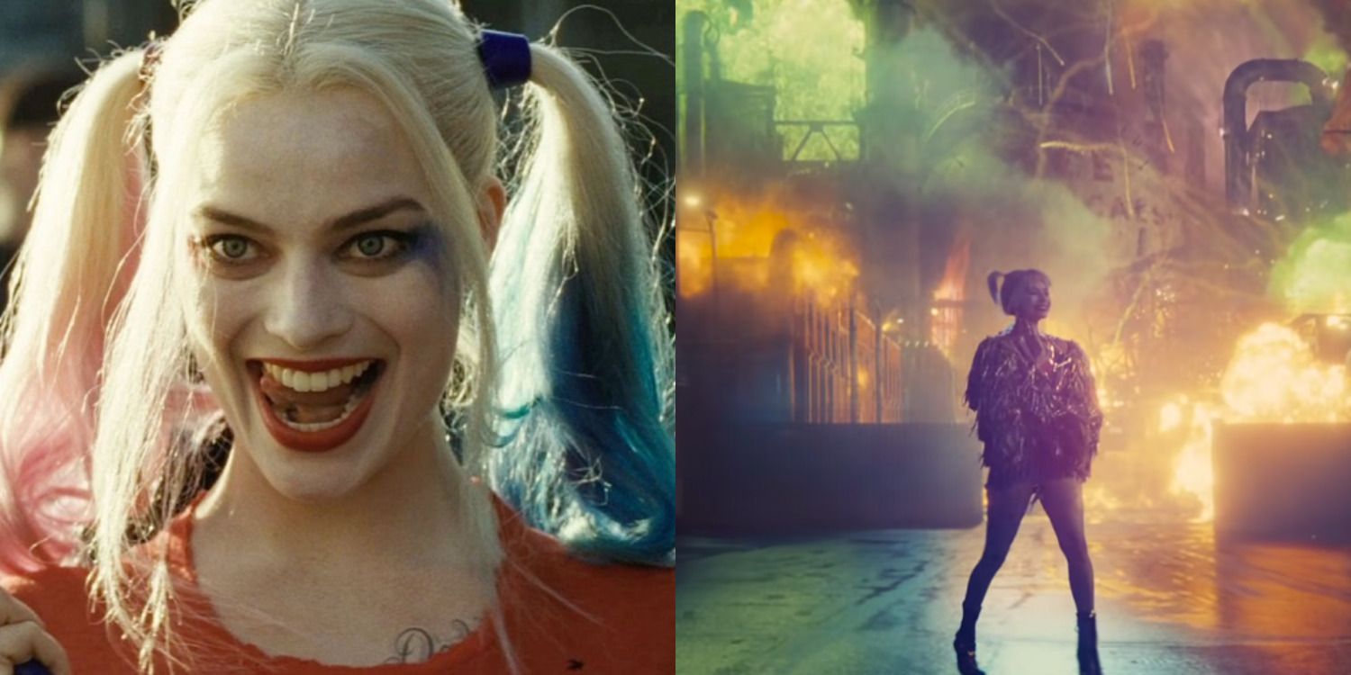 Harley Quinn DCEU feature split image Harley meets the Suicide Squad and Harley blows up Ace Chemicals
