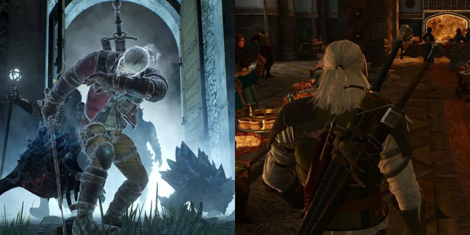The Witcher 3 mission feature split image Geralt fights at Kaer Morhen and Geralt visits Skellige