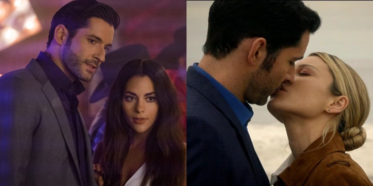 Lucifer feature split image Lucifer stands in the Lux with Eve and Chloe kisses Lucifer for the first time