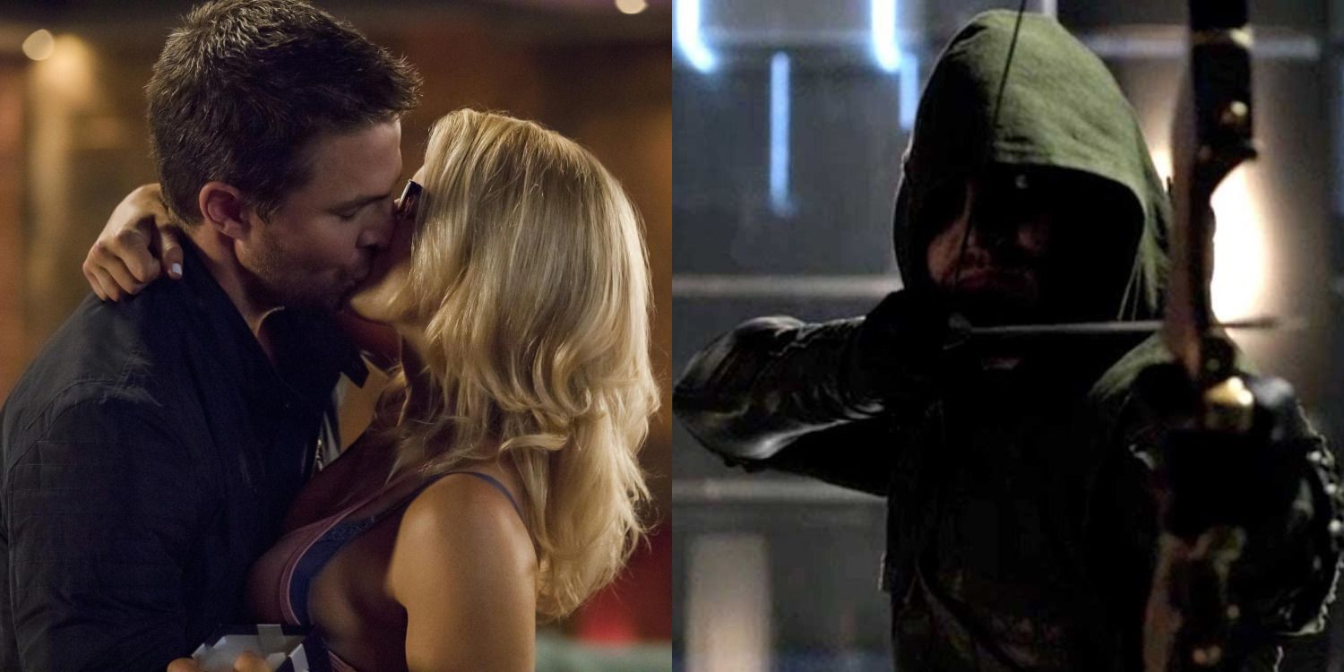 An image of Oliver and Felicity kissing and the Green Arrow firing his bows in Arrow