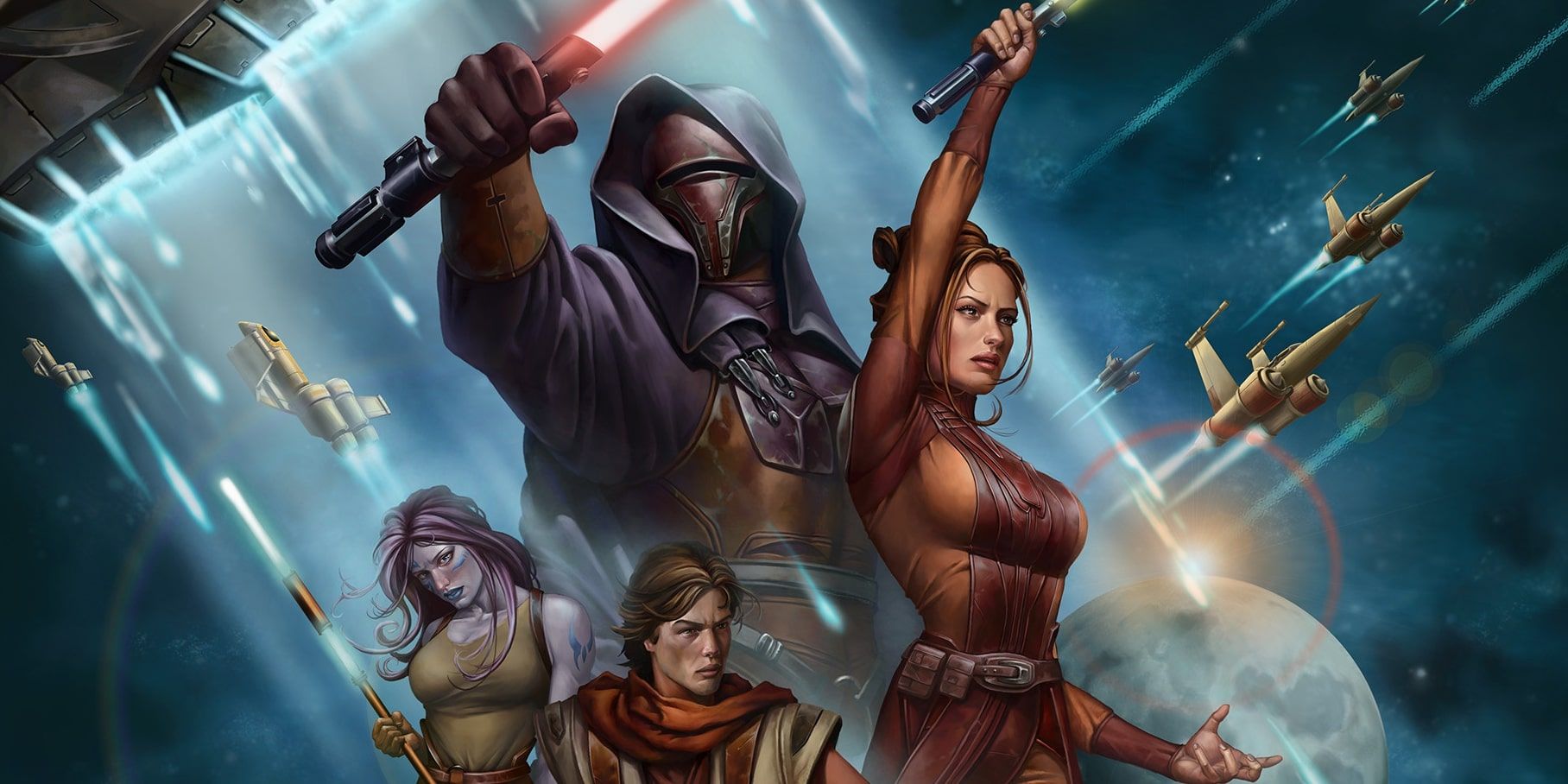 poster for Star Wars Knights of the Old Republic featuring Revan and Bastila Shan with lightsabers