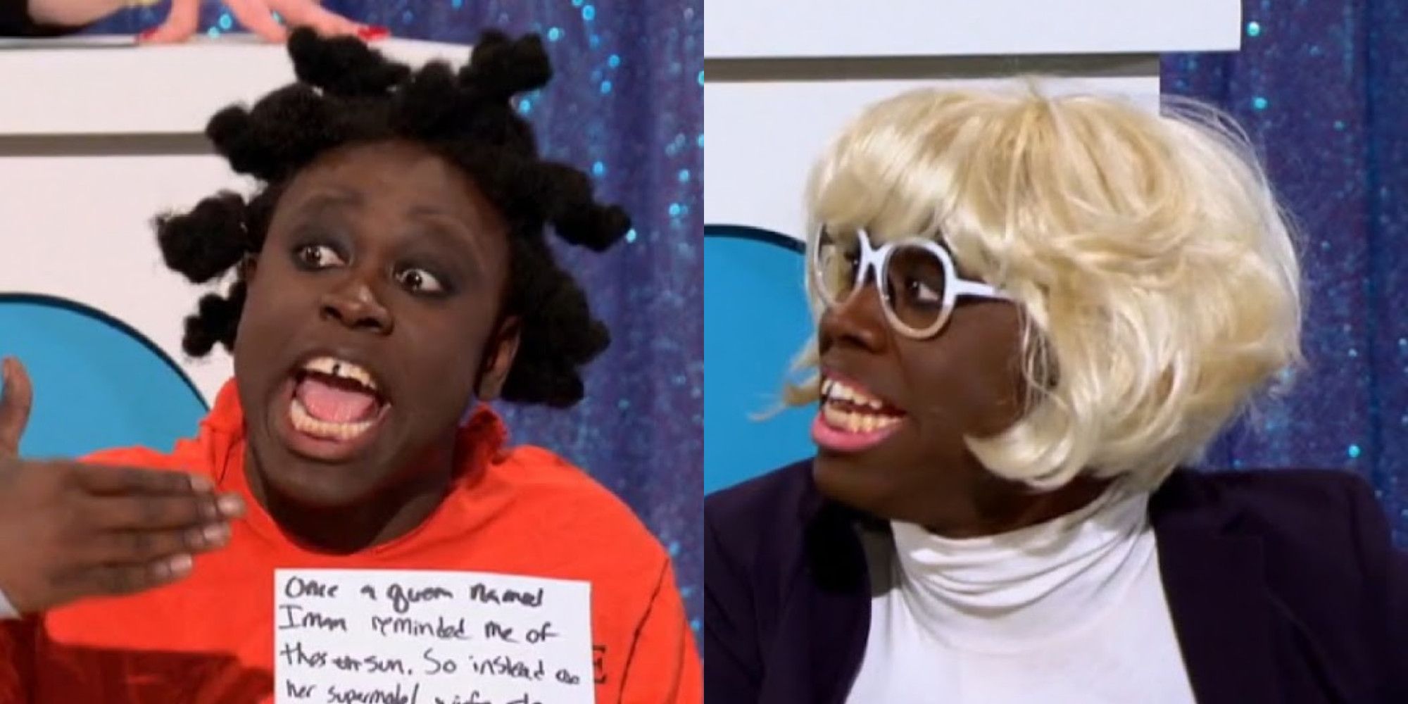 Split image of Bob the Drag Queen as a prisoner and an old woman on RuPaul's Drag Race