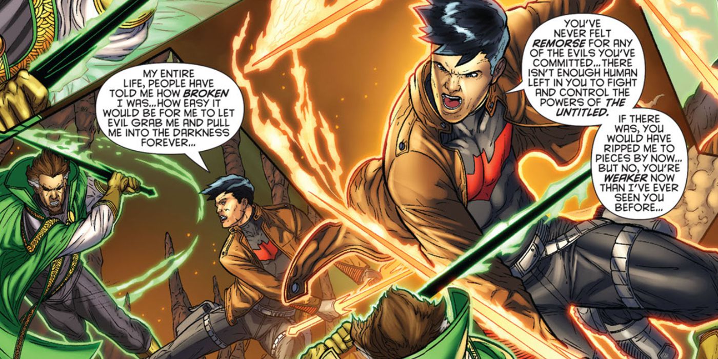 Red Hood (Jason Todd) fighting Ra's Al Ghul in Red Hood and the Outlaws #27.