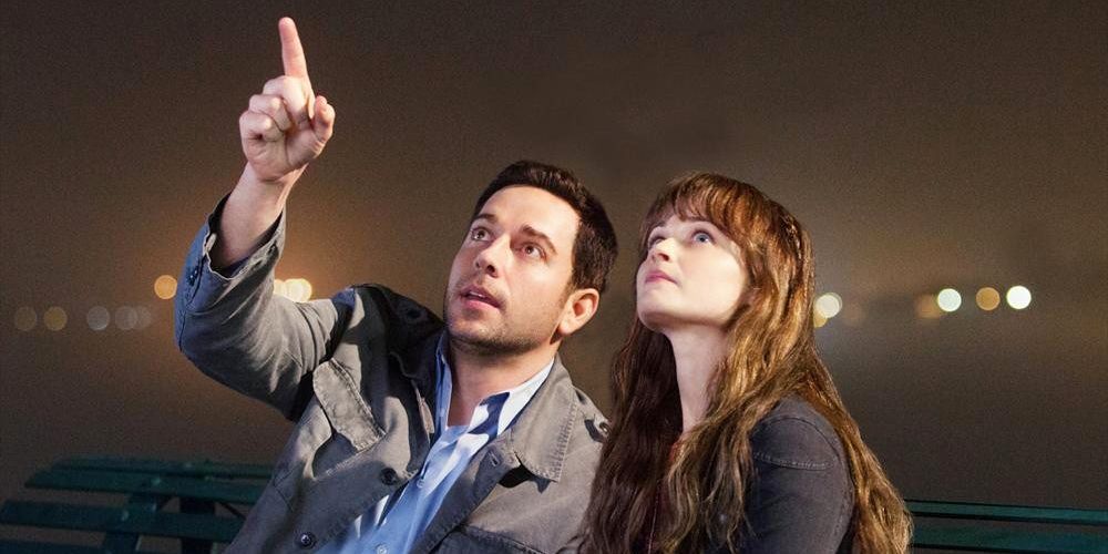 Zachary Levi points and Alexis Bledel looks up