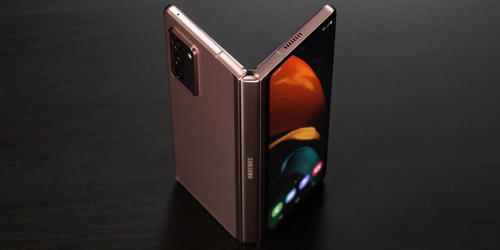 Samsung Galaxy Z Fold 2 standing up on a table