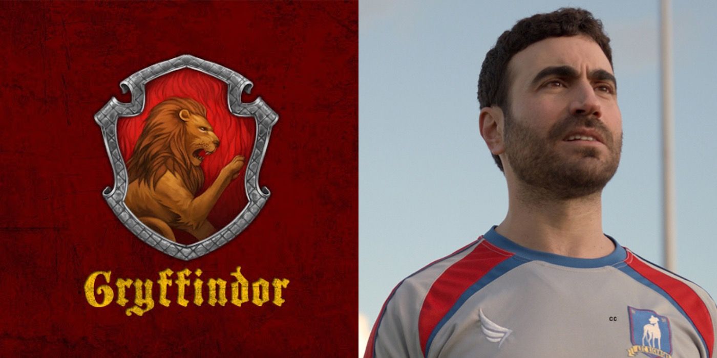 Roy Kent on the field in Ted Lasso, and the Gryffindor symbol