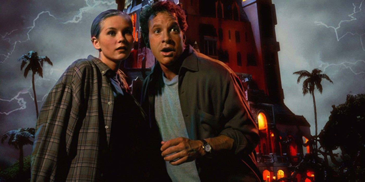 Steve Guttenberg and Kirsten Dunst look shocked in Tower of Terror 