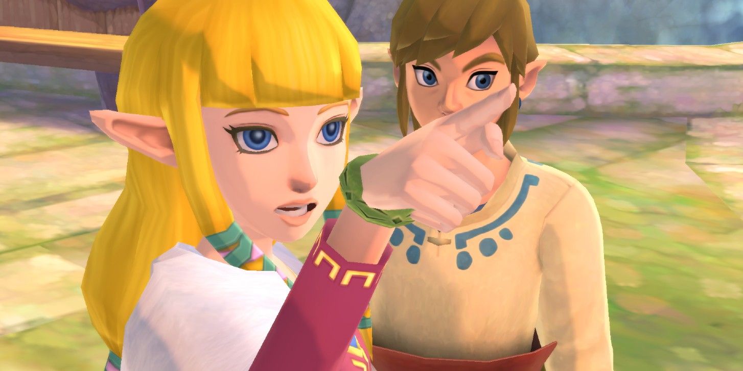 Zelda pointing with Link behind her in Skyward Sword HD