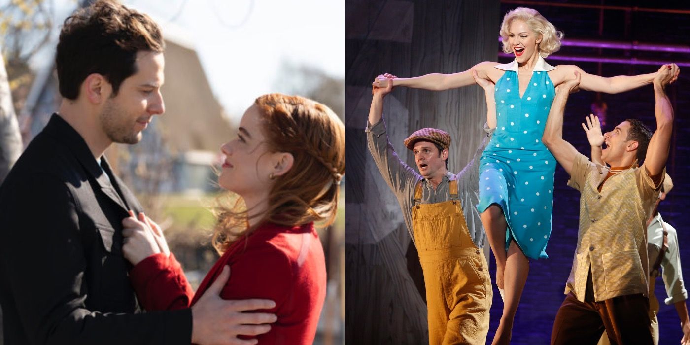 Split image of Zoey and Max, as well as the cast of Smash performing